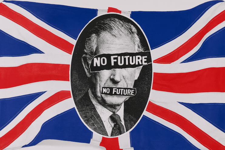 King Charles III depicted in a punk-inspired Sex Pistols style, symbolizing Britains crisis of hope and societal disillusi...