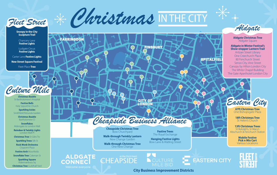 Detailed map highlighting Business Improvement Districts for Christmas events in the city for 2025