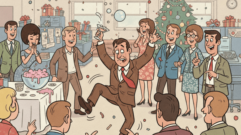 Retro-themed Christmas work party with colleagues wearing festive attire, vintage decorations, and holiday cheer in an off...