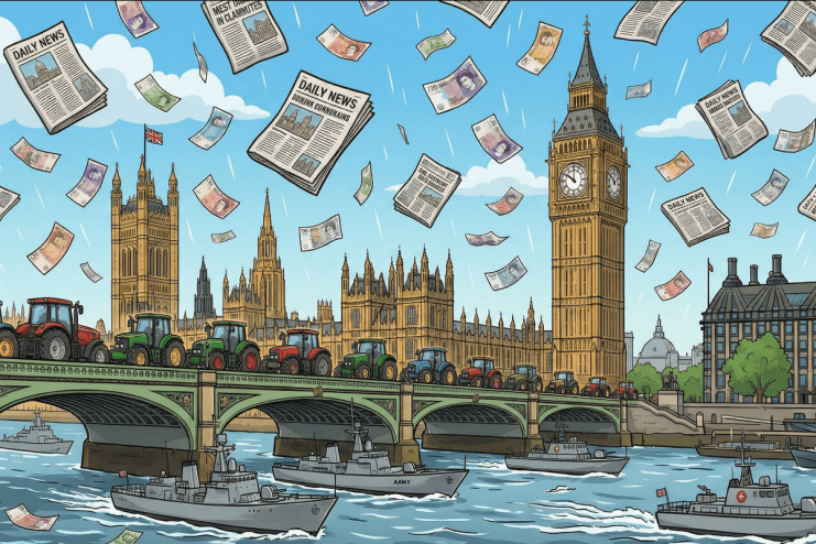 Morning Wire annual politics quiz illustrated with politicians debating, audience engaged, and quizmaster moderating in a livel...