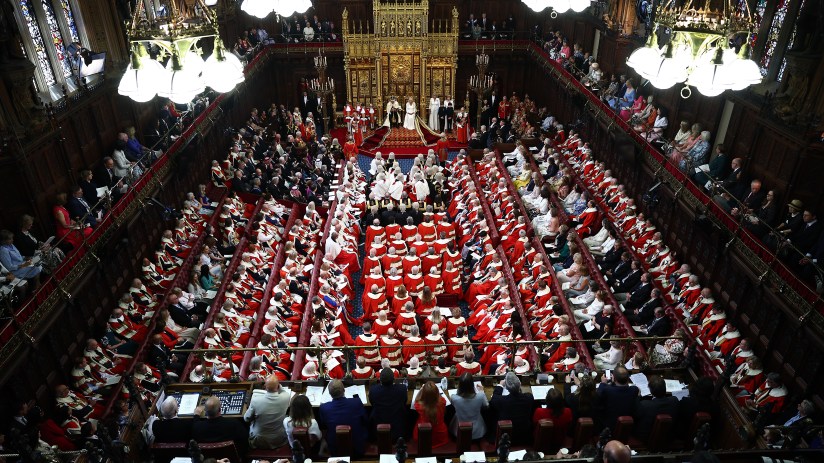 State Opening of Parliament in House of Lords with ceremonial robes and officials present