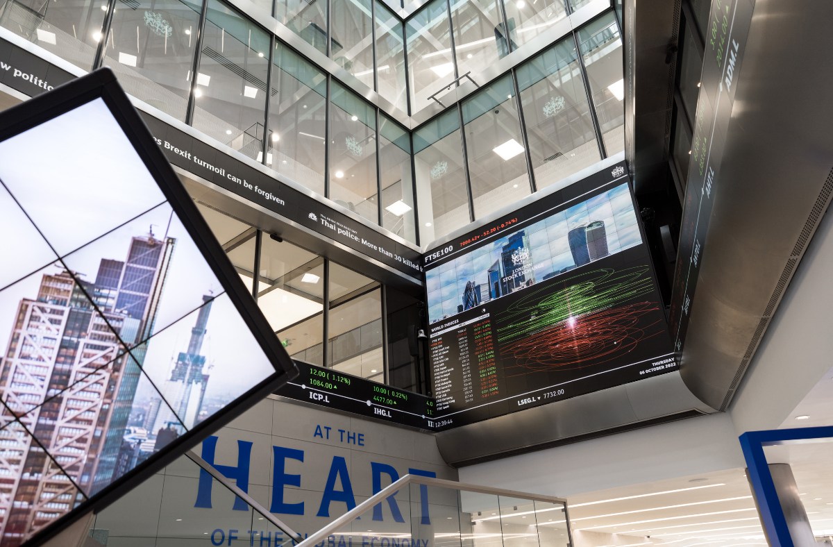 London Stock Exchange building exterior with financial district skyline, symbolizing global market activity and economic t...