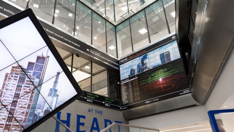 London Stock Exchange building exterior with financial district skyline, symbolizing global market activity and economic t...