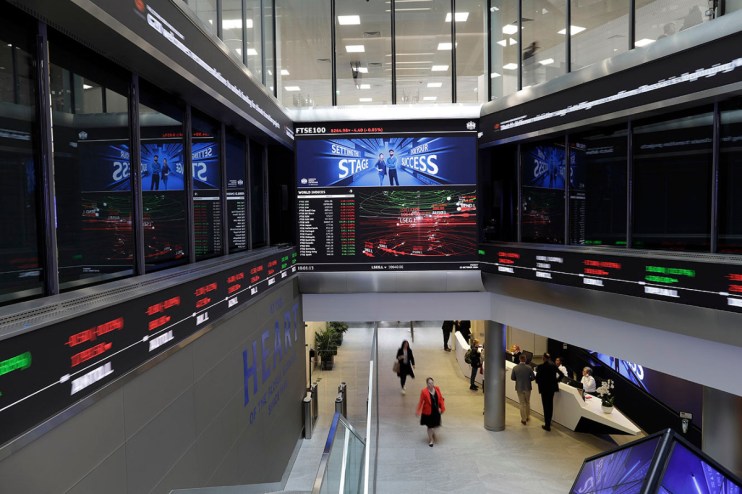 London Stock Exchange exterior bustling with traders and visitors, showcasing iconic architecture and vibrant financial ac...