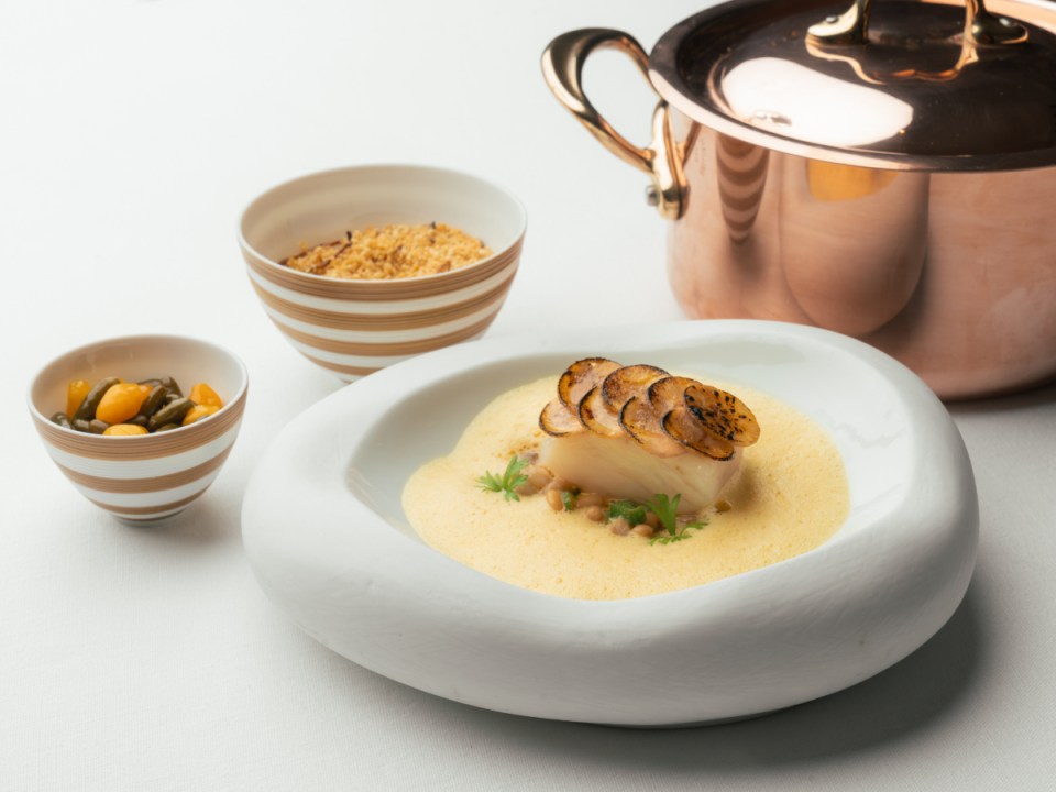 Moqueca dish elegantly plated with vibrant colors, showcasing a traditional Brazilian seafood stew by chef Alex Teuscher.