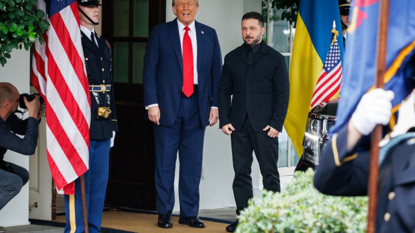 Donald Trump and Volodymyr Zelensky in a diplomatic meeting discussing international relations and political strategies.