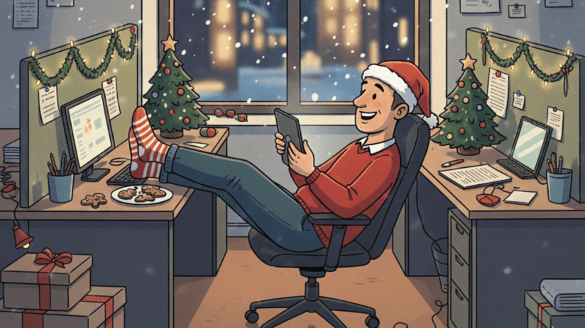 Gemini 1 employees working diligently during Christmas season in an office setting, showcasing dedication and holiday work...