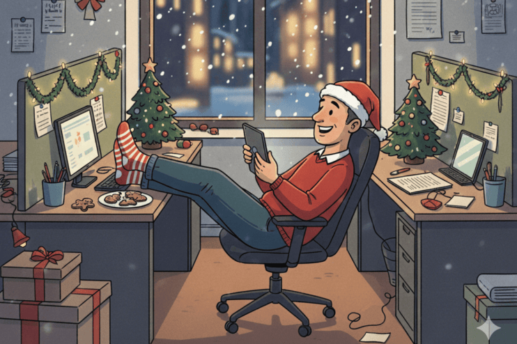 Gemini 1 employees working diligently during Christmas season in an office setting, showcasing dedication and holiday work...