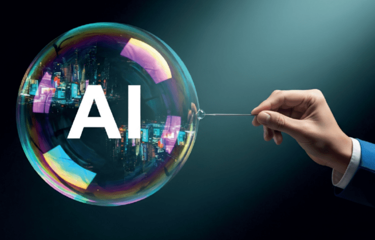 Colorful digital bubbles representing AI technology innovation floating against a dark background in a business news context
