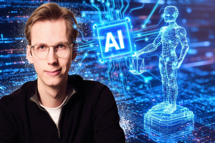 AI-driven legal tech firm office with professionals discussing innovative solutions around a conference table