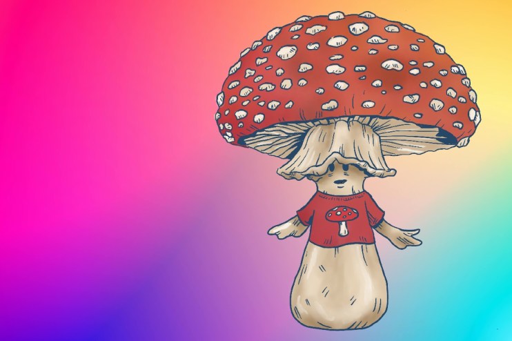 Person in mushroom-themed costume participating in a local event, highlighting creativity and community engagement.