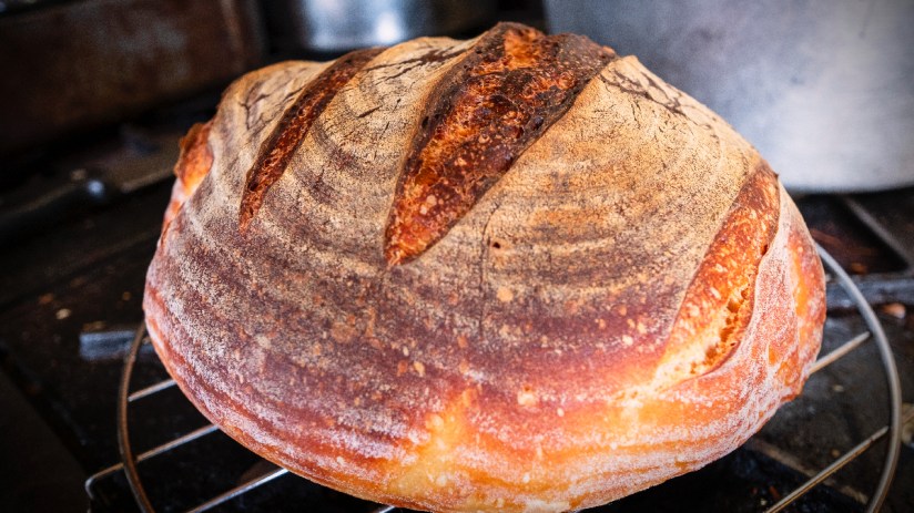 Freshly baked sourdough bread with a golden crust on a wooden board, showcasing artisanal baking techniques.