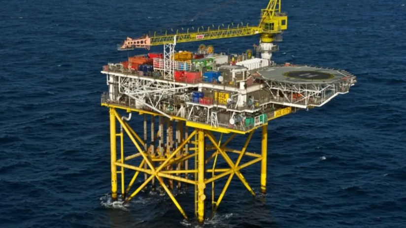 UK offshore oil platform Jade in the North Sea during sunset, highlighting energy infrastructure and industry developments