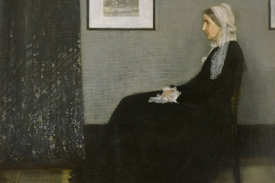 Whistlers Mother painting showcasing an elderly woman seated in profile against a neutral backdrop, embodying Victorian el...