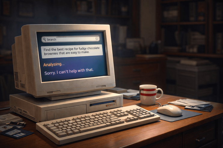 1990s AI technology illustration showcasing early computer systems and vintage robotics in a nostalgic tech setting