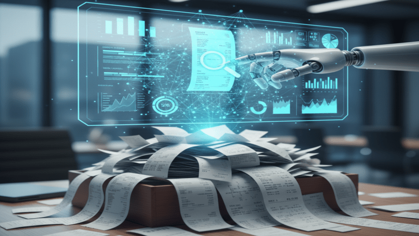 AI technology enhancing business audit processes in a modern office setting with charts and data displays