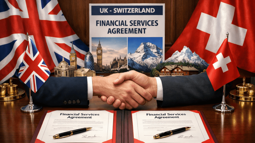 Swiss and EU officials signing Berne financial services agreement at a conference table, showcasing international cooperation