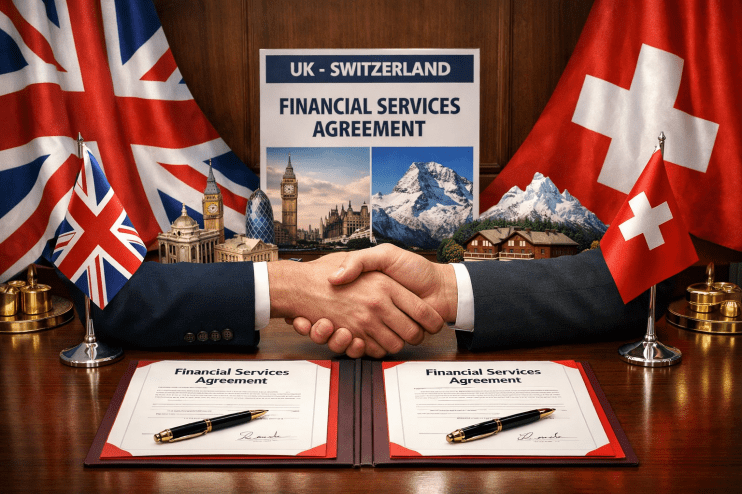 Swiss and EU officials signing Berne financial services agreement at a conference table, showcasing international cooperation