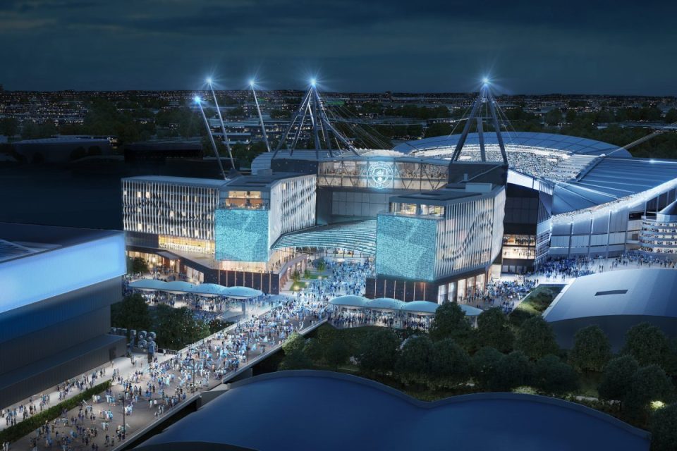 Proposed Etihad Stadium North Stand expansion view showcasing modern architectural design and urban development plans.