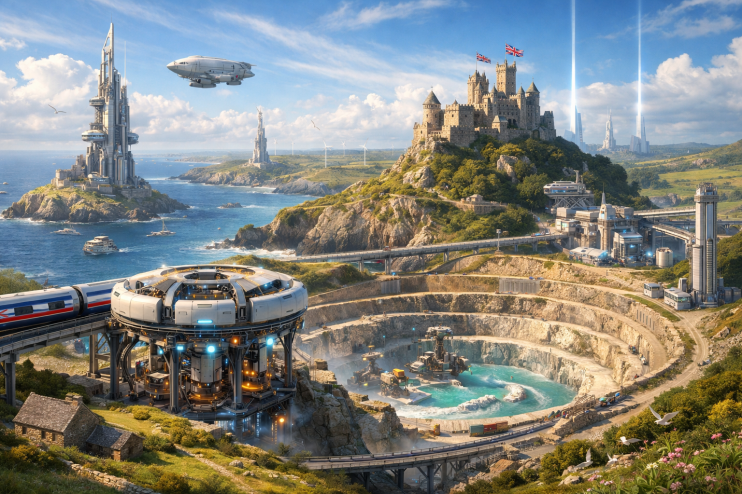 Futuristic Cornwall mining operations showcasing advanced technology and sustainable practices in a modern industrial setting