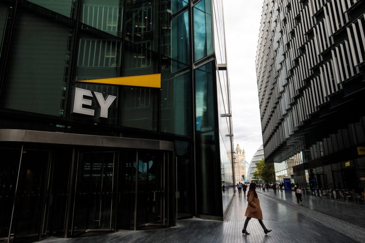 EY London headquarters building exterior on a sunny day, showcasing modern architecture in the citys business district