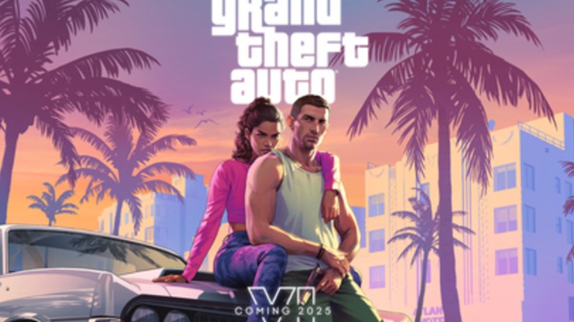 GTA 6 gameplay screenshot featuring vibrant cityscape with high-speed car chase and detailed character models