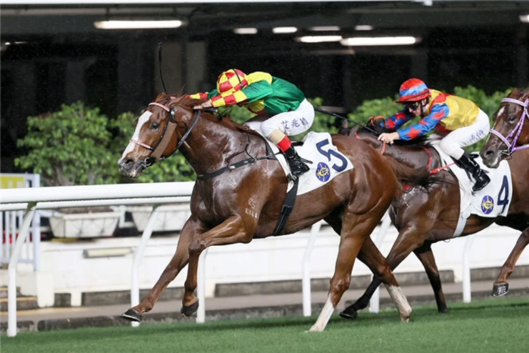 Horse racing event showcasing a mega bonus celebration with jockeys and horses in action on a vibrant racetrack setting.