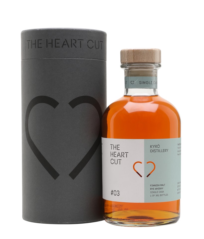 Kyro 2018 The Heart Cut whisky bottle showcasing premium Finnish rye spirit on a sleek wooden table.
