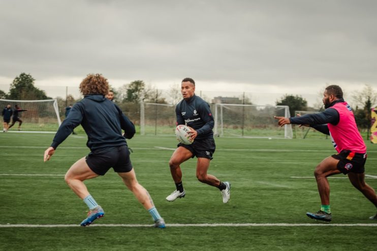 London Broncos 2025 team action shot captured by Nic Crilly Hargrave, featuring players in dynamic gameplay at a sports event