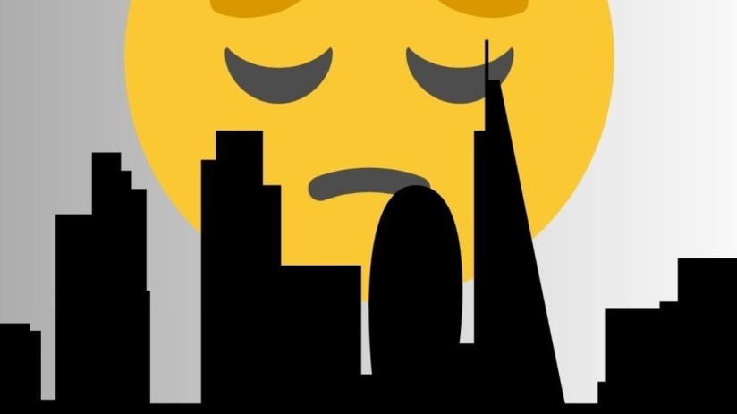 Overcast London skyline with iconic landmarks, capturing a mood of economic uncertainty and pessimism in the city.