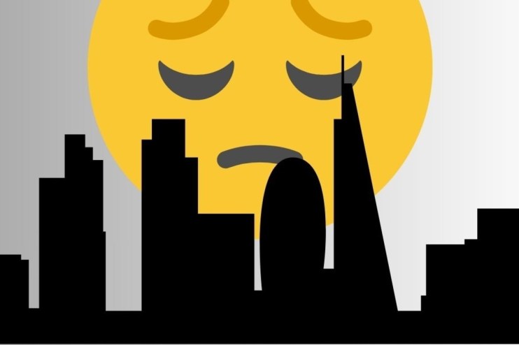 Overcast London skyline with iconic landmarks, capturing a mood of economic uncertainty and pessimism in the city.