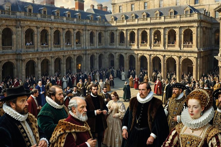 Grand opening ceremony of the Royal Exchange with dignitaries and attendees gathered outside the historic building.