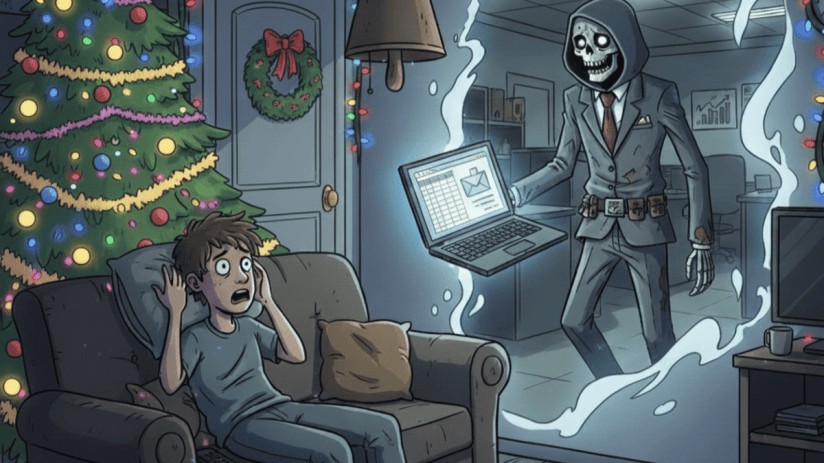Post-Christmas Sunday Scaries concept with Gemini theme, capturing seasonal stress and duality in a business setting.