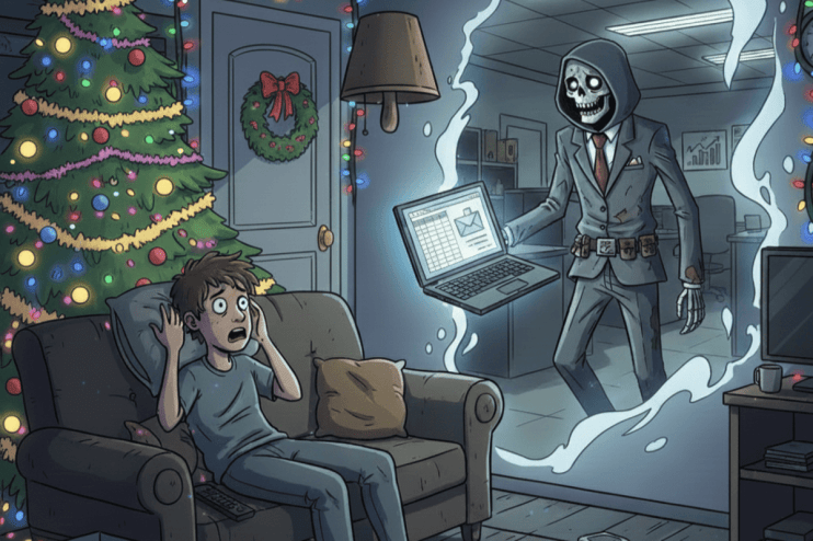 Post-Christmas Sunday Scaries concept with Gemini theme, capturing seasonal stress and duality in a business setting.