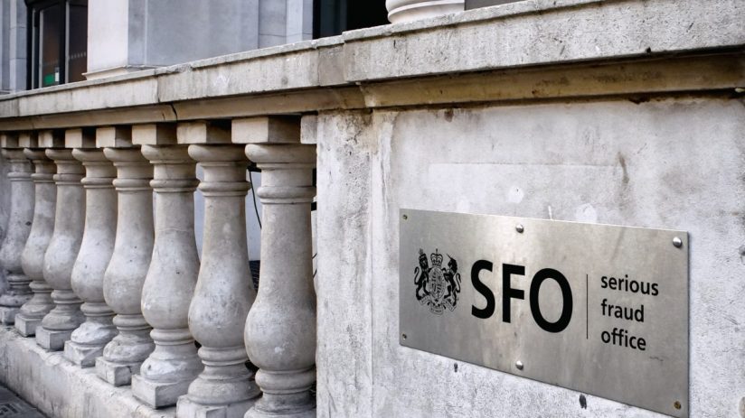 Serious Fraud Office building exterior with SFO logo and entrance in focus, reflecting the organizations authority in frau...