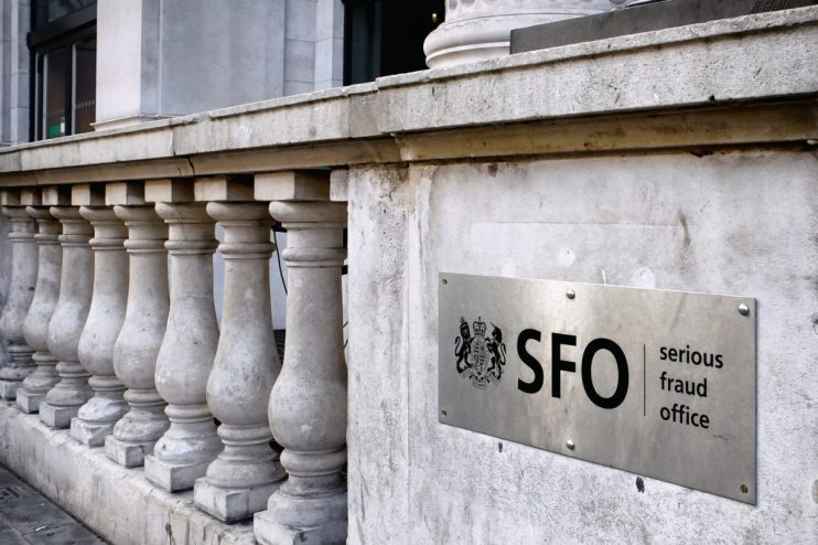 Serious Fraud Office building exterior with SFO logo and entrance in focus, reflecting the organizations authority in frau...