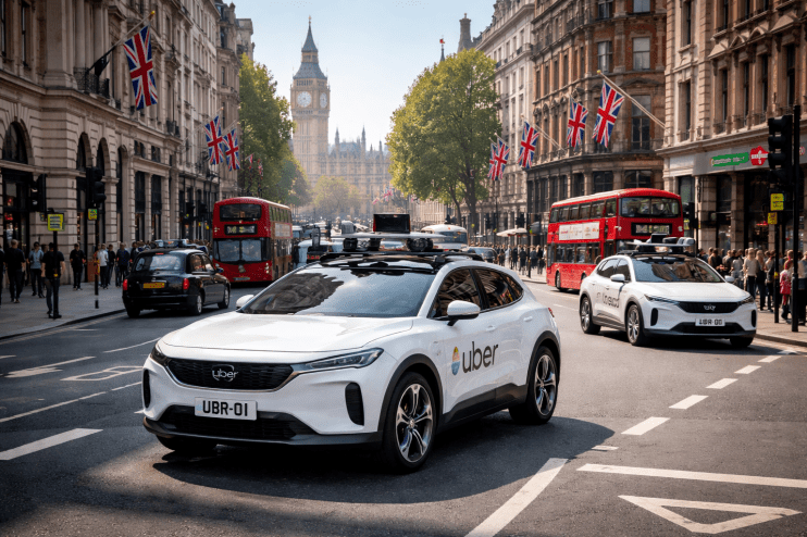 Driverless Uber robotaxi cruising through city streets, showcasing autonomous vehicle technology and innovation in urban t...