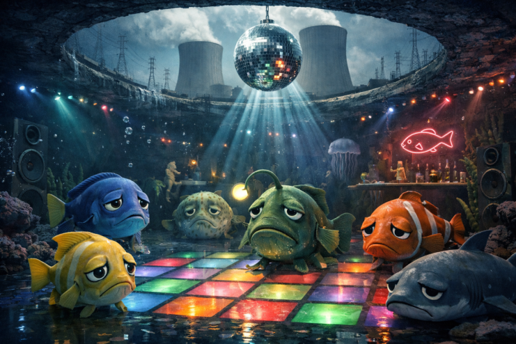 Vibrant underwater scene with colorful fish swimming under disco lights in a coral reef setting for a unique marine event