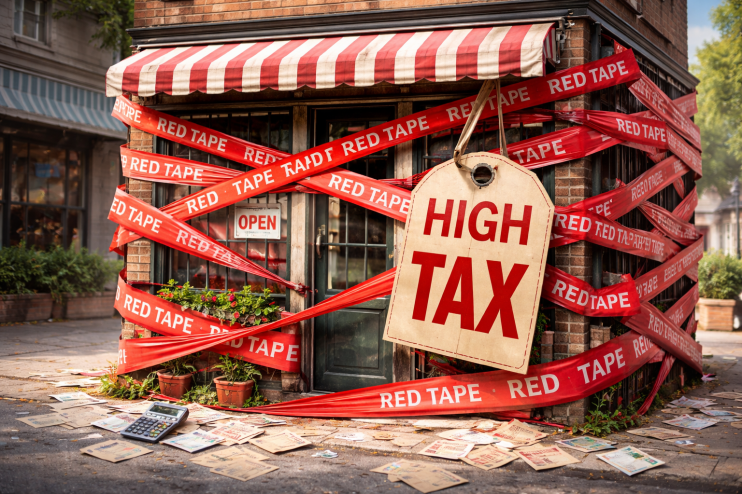 Small business owner frustrated with excessive red tape and paperwork in office setting