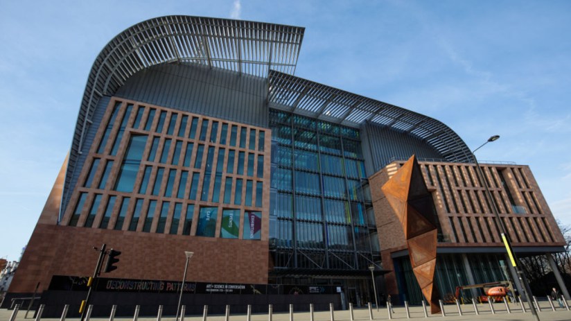 Wellcome Trust and Francis Crick Institute collaboration building exterior with modern architecture and branding signage