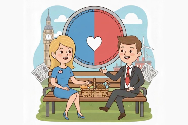 Couple discussing political differences peacefully over coffee, illustrating dating challenges across political divides in...