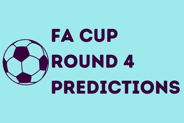 FA Cup Round 4 match predictions with team logos and schedule dates displayed on a digital scoreboard background