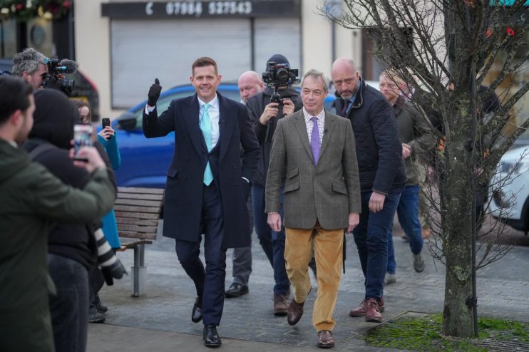 Matt Goodwin and Nigel Farage in discussion at Gorton and Denton event, highlighting political strategies and community en...
