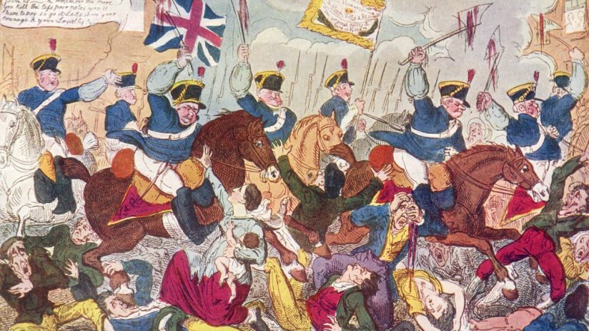 Historical depiction of Peterloo Massacre with crowds and mounted soldiers in St Peters Field, Manchester, in early 19th c...