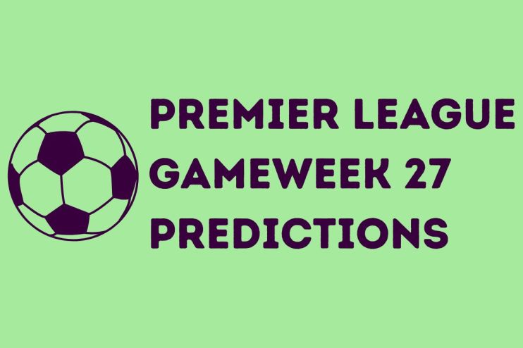 Premier League Gameweek 27 predictions chart with team logos and match dates displayed against a vibrant football-themed b...