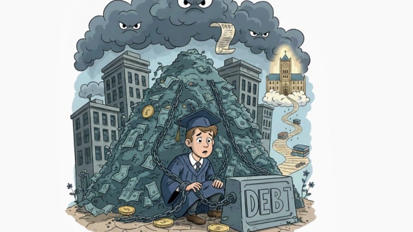 Student reviewing loan documents amidst growing debt concerns