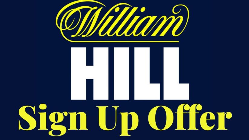 William Hill sign up offer promotion banner with bold text highlighting exclusive bonuses for new customers 2023
