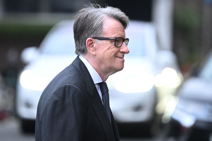 Peter Mandelson speaking at a business conference wearing a suit and tie, gesturing with his hands in a professional setting
