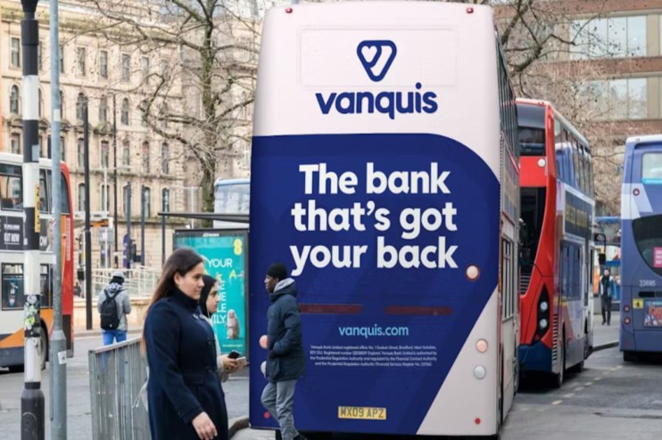 Vanquis logo displayed prominently on a building exterior, highlighting its presence in the financial services industry.