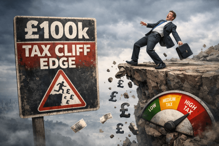 Graph illustrating the impact of the &pound;100k tax threshold on earnings, highlighting the financial cliff edge for high earners